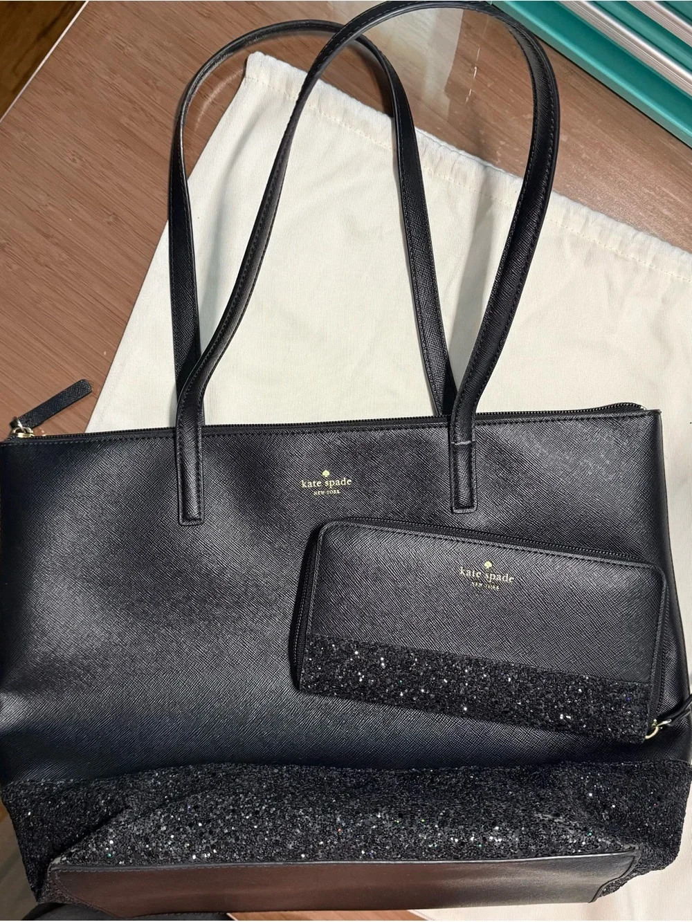 Kate Spade Black Sparkle Tote with Matching Wallet and Dust Bag - Picture 1 of 13